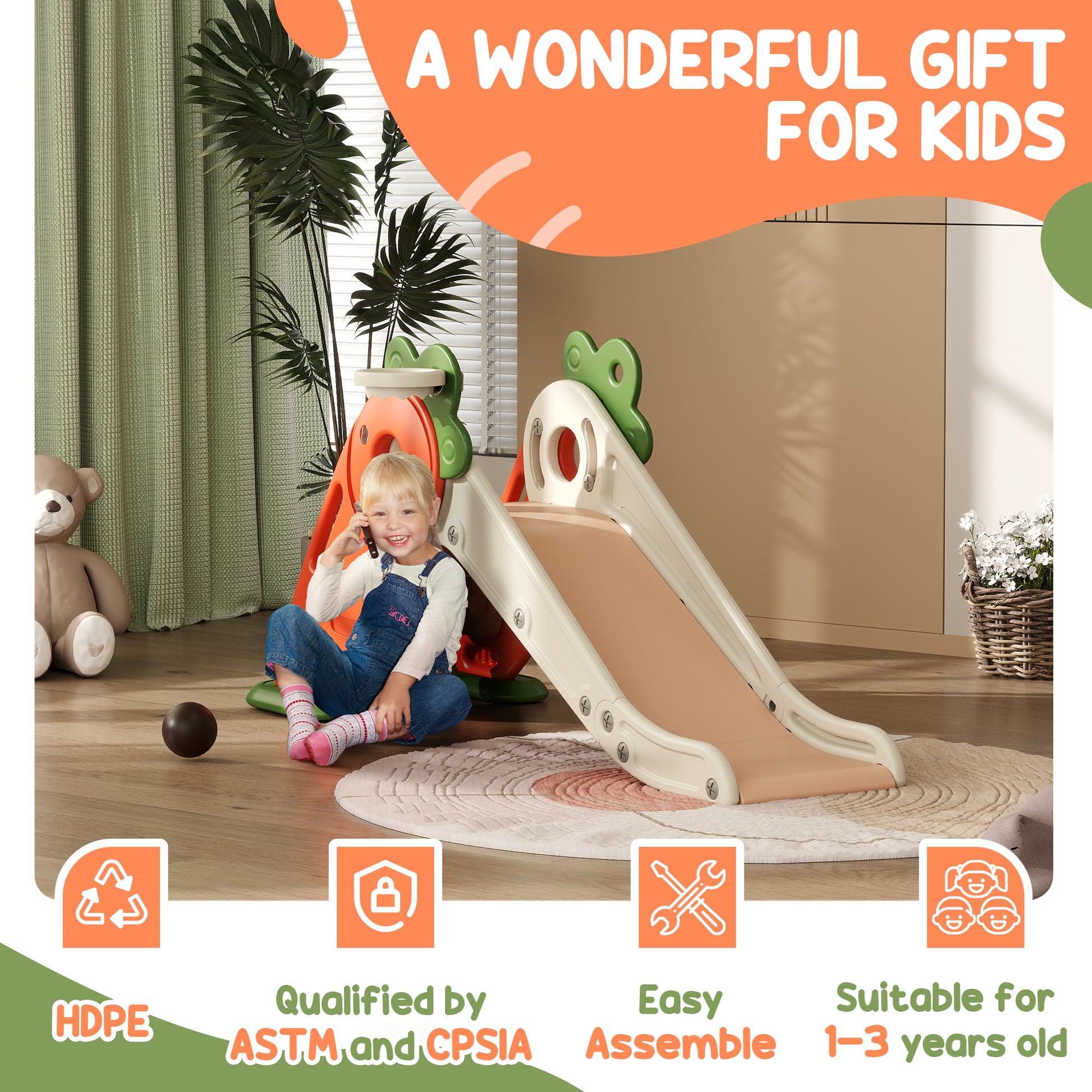 AIYAPLAY Toddler-Friendly 3-in-1 Foldable Slide with Basketball Hoop and Climber - Carrot Design for Ages 1-3 - ALL4U RETAILER LTD