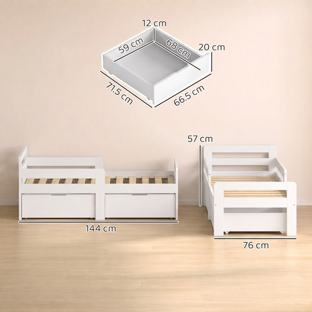 White twin kids bed frame with guard rails and two pull-out storage drawers