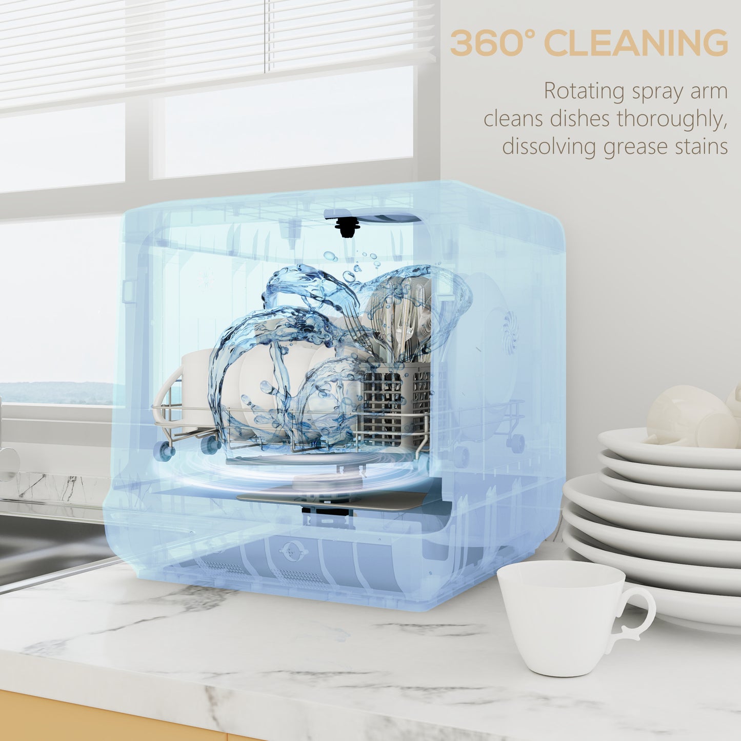 HOMCOM Table Top Dishwasher With Built In 6L Water Tank 6 Programs 4 Place Settings Compact Countertop Silver