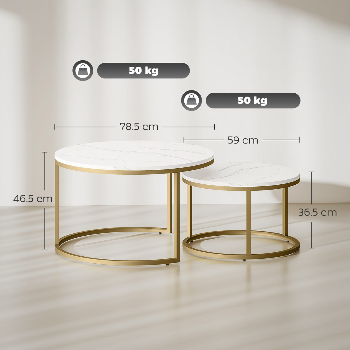Round nesting coffee table pair with gold frames and marble-look surfaces