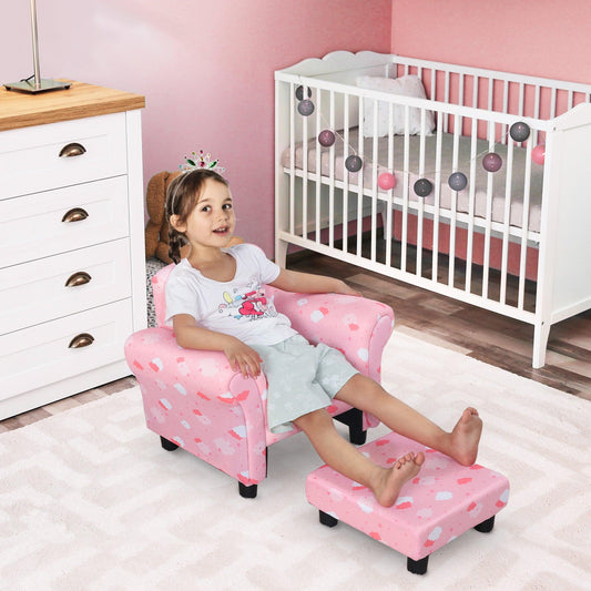 HOMCOM Cute Cloud Star Child Armchair Seat Wood Frame w/ Footrest Padding Pink - ALL4U RETAILER LTD