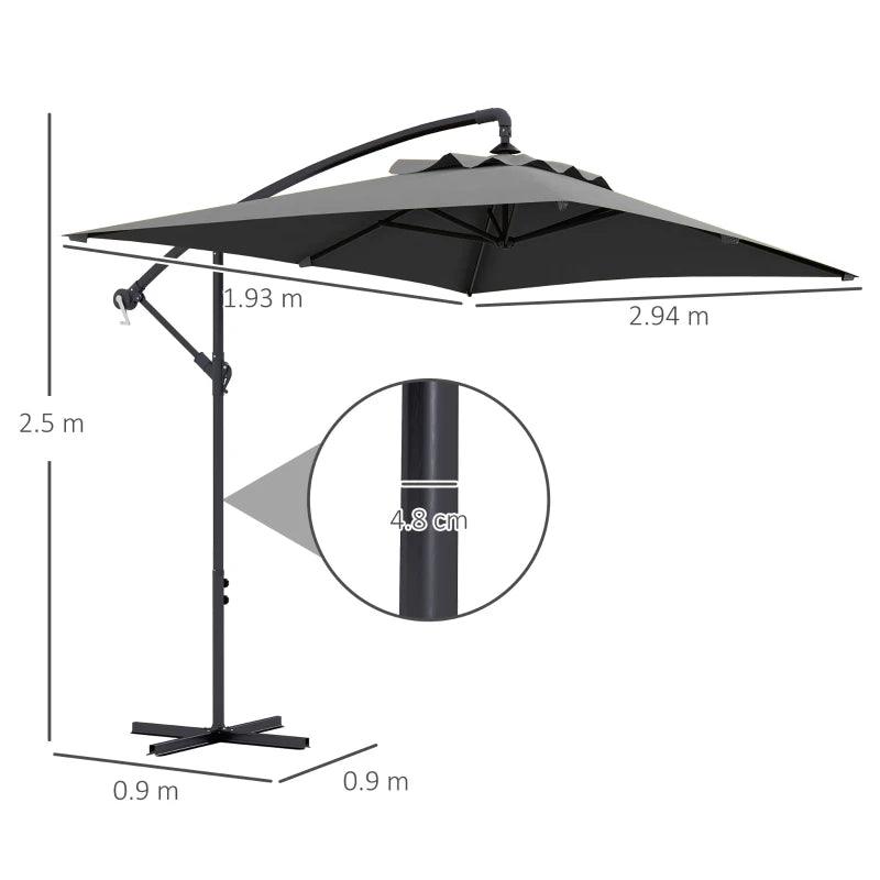 Outsunny 3x2m Cantilever Parasol - Rectangular Hanging Patio Umbrella with Cross Base, Crank Handle, and 6 Ribs - Outdoor Pool, Garden, Balcony Sun Shade - Grey - ALL4U RETAILER LTD