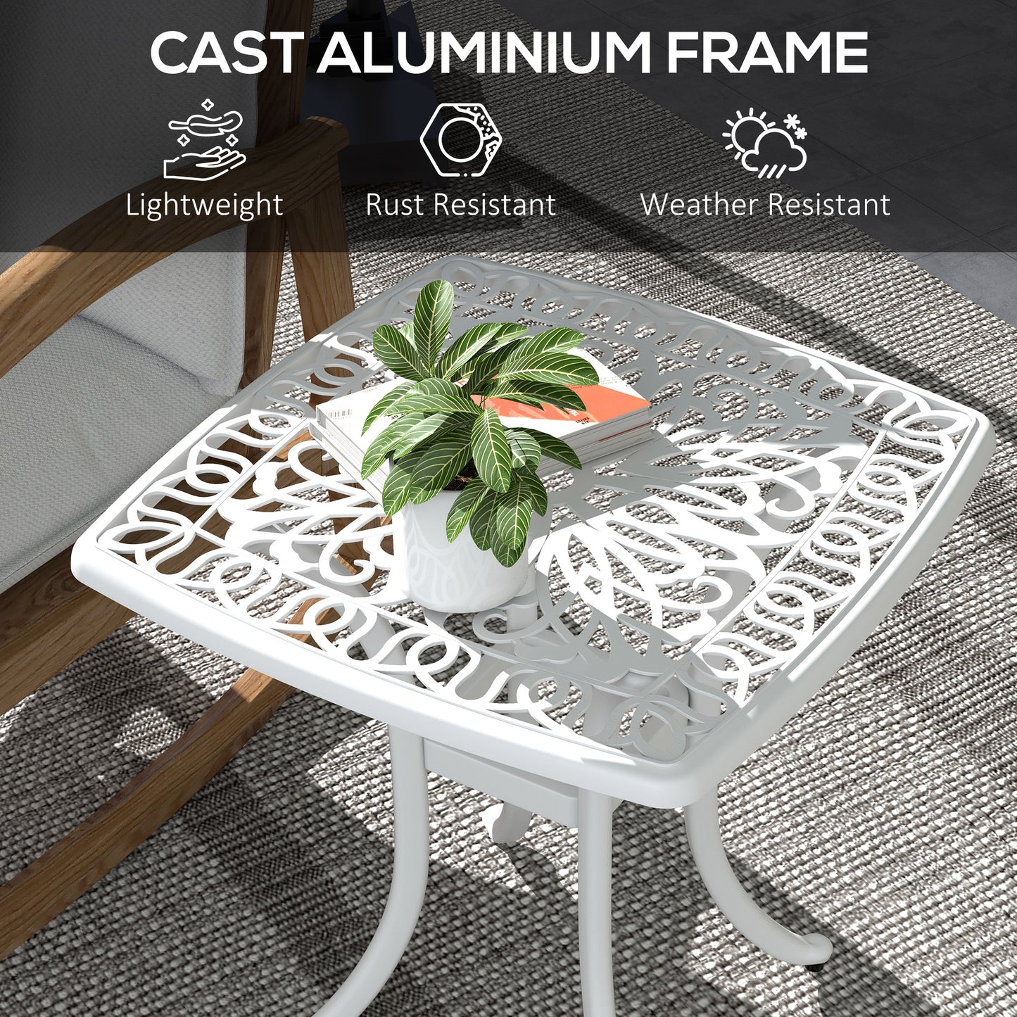 Outsunny Cast Aluminium Bistro Table With Floral Cutout Top And Umbrella Hole Outdoor Square Garden Side Table White