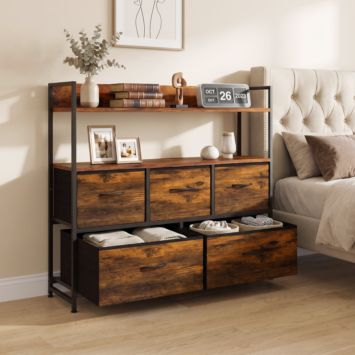 Rustic brown drawer dresser with open shelves and metal frame
