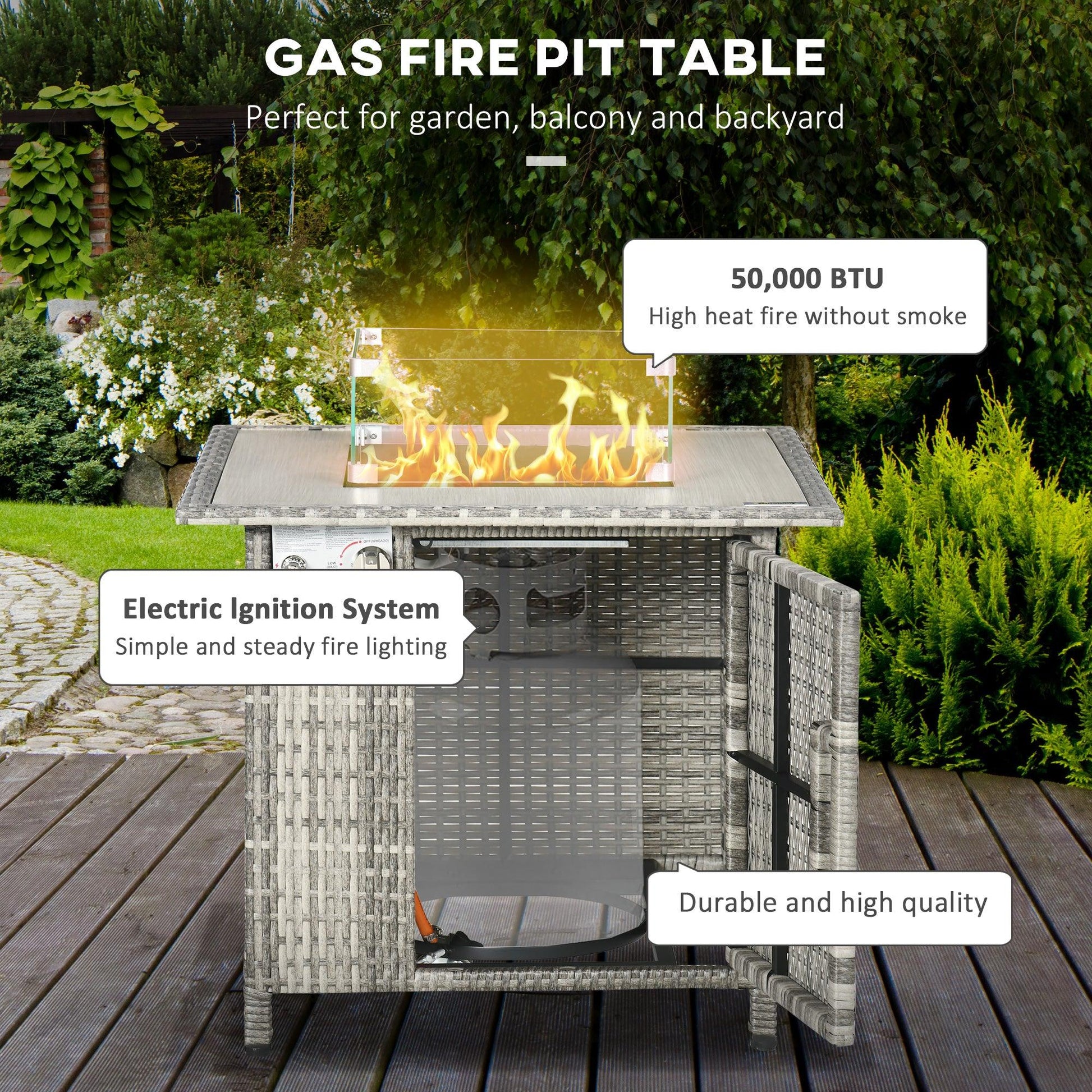 Outsunny Gas Fire Pit Table w/ Rain Cover, Windscreen & Lava Stone, 50,000 BTU - ALL4U RETAILER LTD