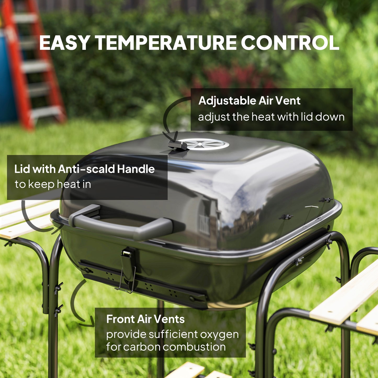 Outsunny Charcoal Portable Barbecue Grill 1840 Sq Cm Cooking Area, 3 Shelves, Adjustable Vent, Lockable Lid, Wheels