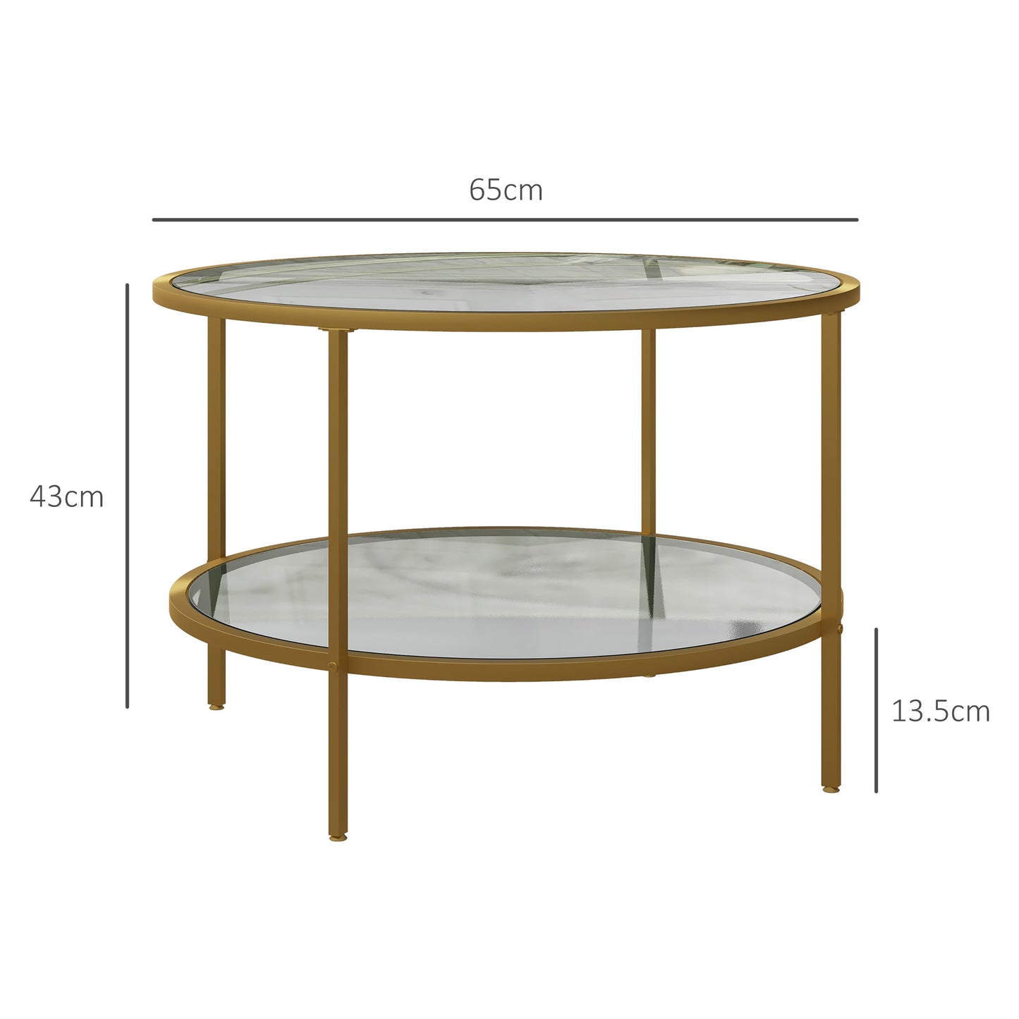 HOMCOM Round Coffee Table With Storage Two Tier Tempered Glass Shelves Gold Tone Steel Frame For Living Room