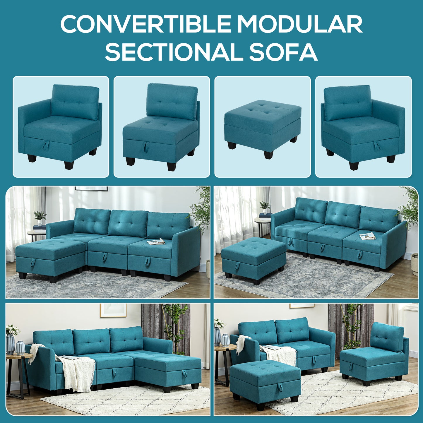 HOMCOM L Shape Modular Sofa With Storage Light Blue Corner Sofa Set For Living Room Flexible Layout