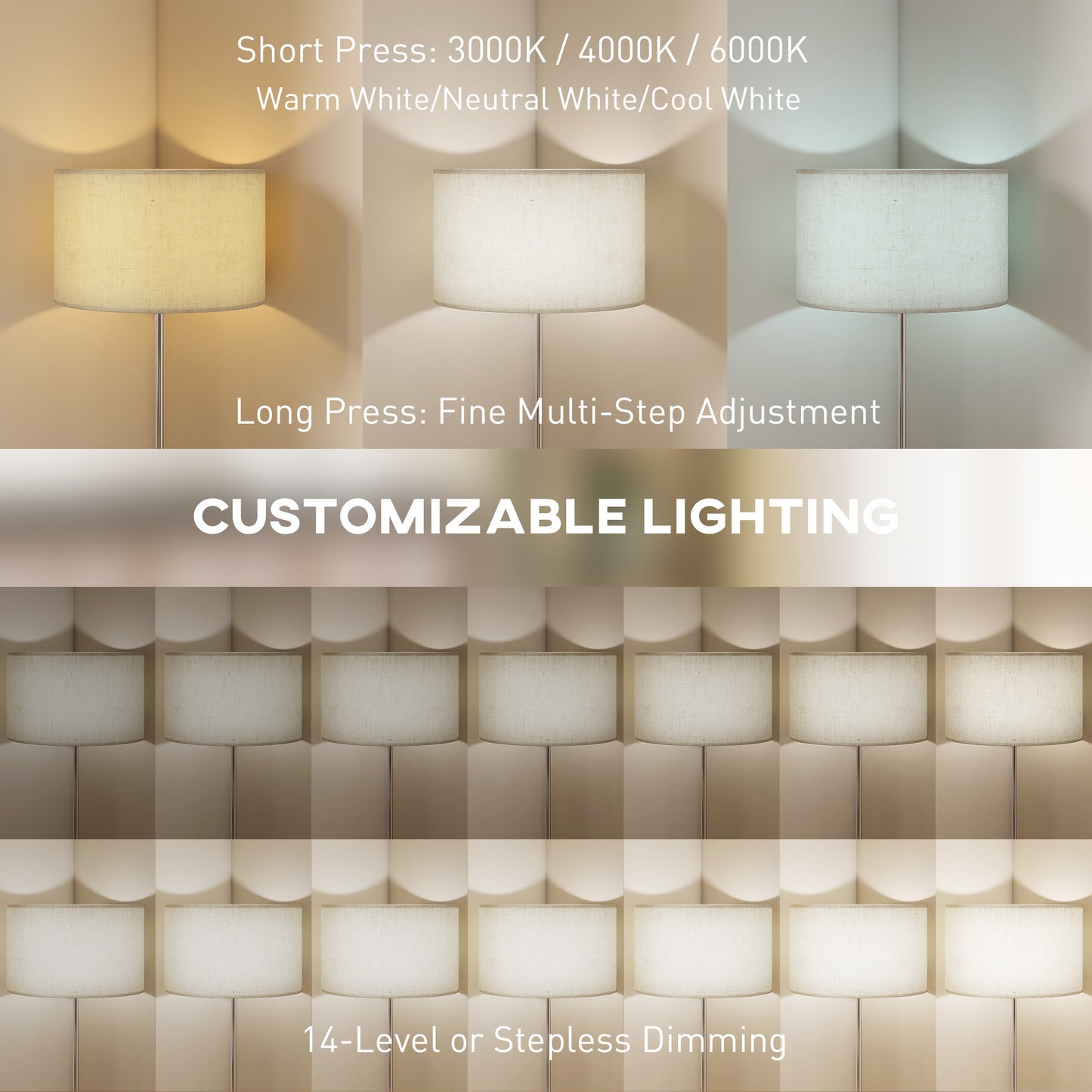 HOMCOM Floor Lamp With Remote Height Adjustable Linen Shade Dimmable 3000K 6000K Color Temperatures Foot Switch Silver