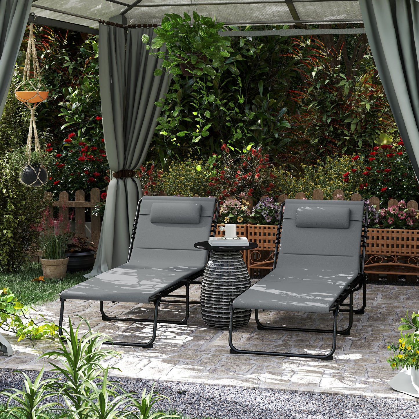 Outsunny Reclining Sun Loungers Charcoal Grey Powder Coated Steel With Five Position Adjustable Backs And Side Pockets