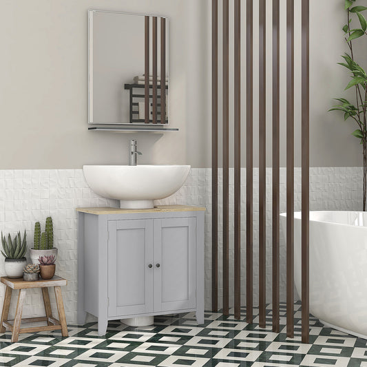 Kleankin Under Sink Cabinet With Two Doors Pedestal Design Freestanding Bathroom Cupboard Grey Adjustable Shelf