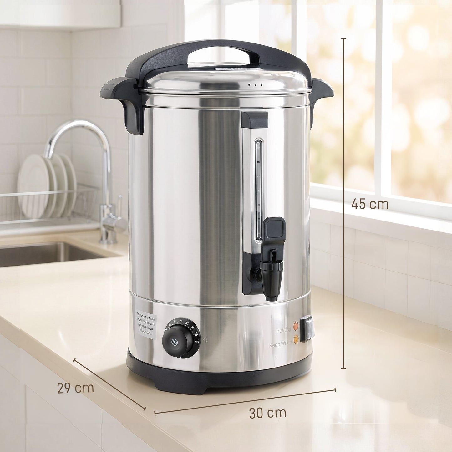 HOMCOM 6.5L Catering Urn 1500W Stainless Steel Hot Water Boiler Dispenser Thermostat Keep Warm Function Easy Pour Tap