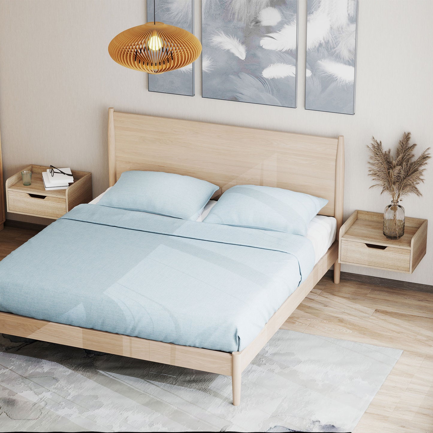 HOMCOM Floating Nightstands Set Of 2 Wall Mounted Bedside Tables With Drawer And Shelf Natural Wood