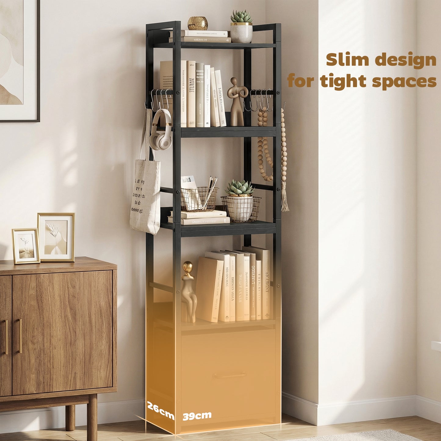 HOMCOM 4 Tier Narrow Bookshelf With Drawer And 8 Hooks Metal Frame Black Storage Display Shelving For Small Spaces