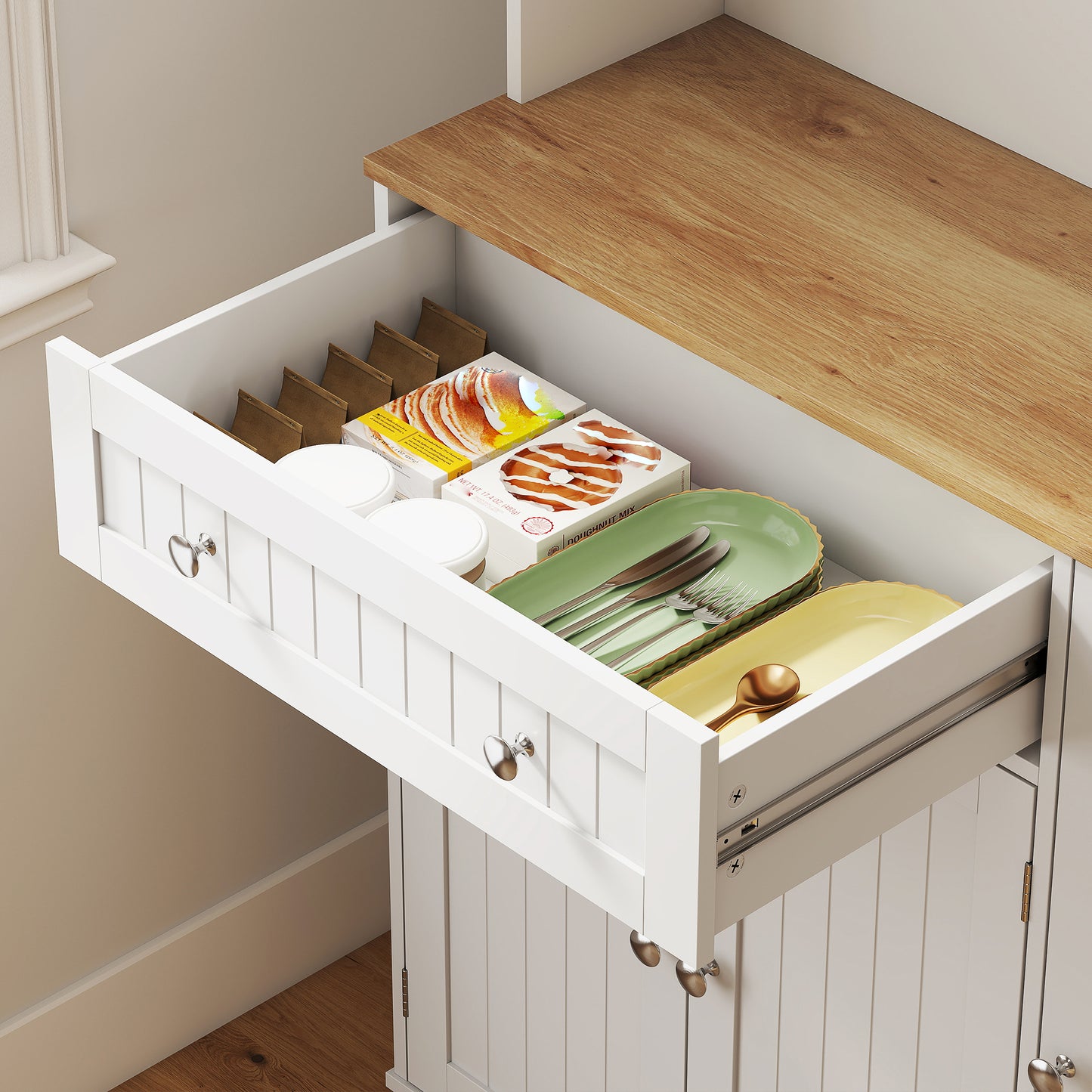 Tall Kitchen Pantry Cabinet With Charging Station And Adjustable Shelves