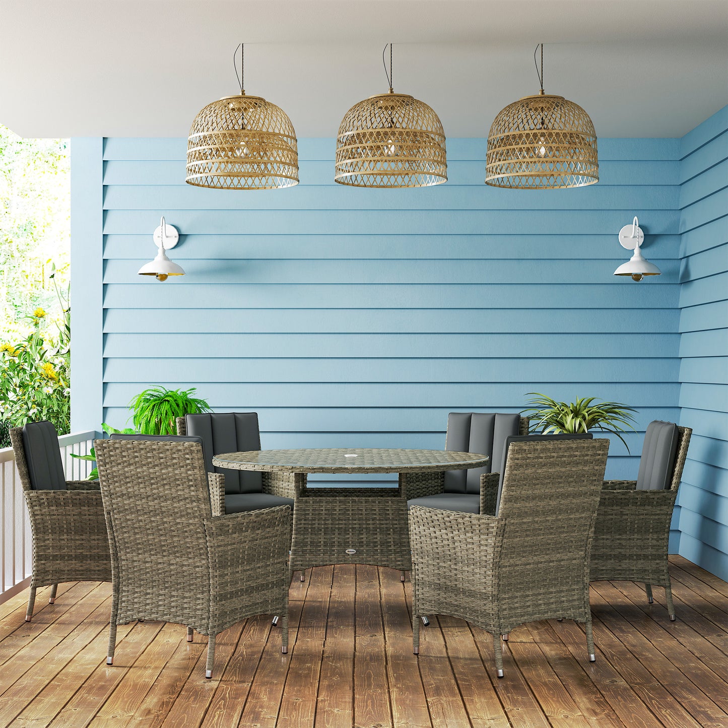 Outsunny Seven Piece Rattan Outdoor Dining Set with Round Glass Top Table and Cushioned Chairs Light Grey