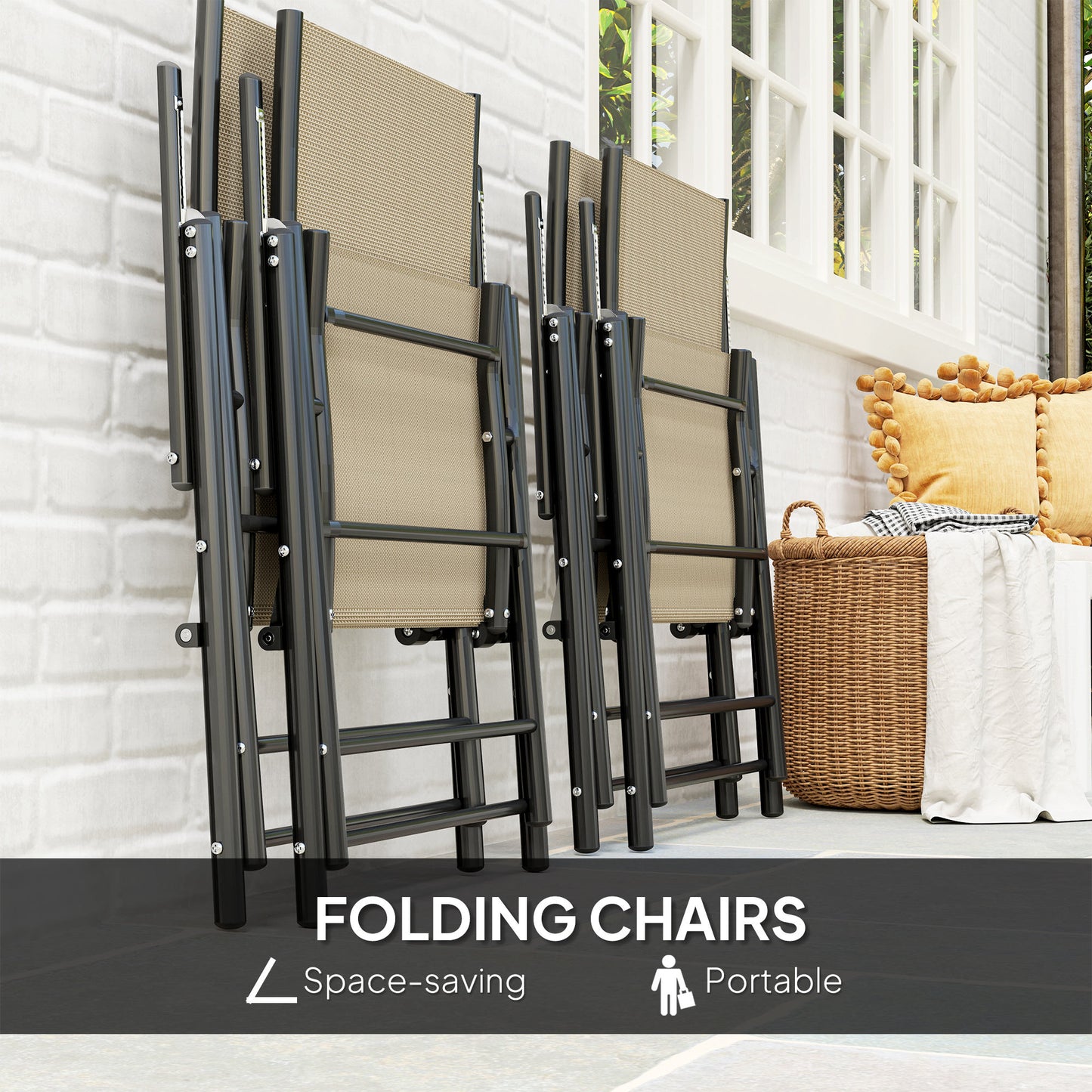 Outsunny Five Piece Steel Frame Outdoor Patio Set With Square Table And Folding Chairs Khaki And Black