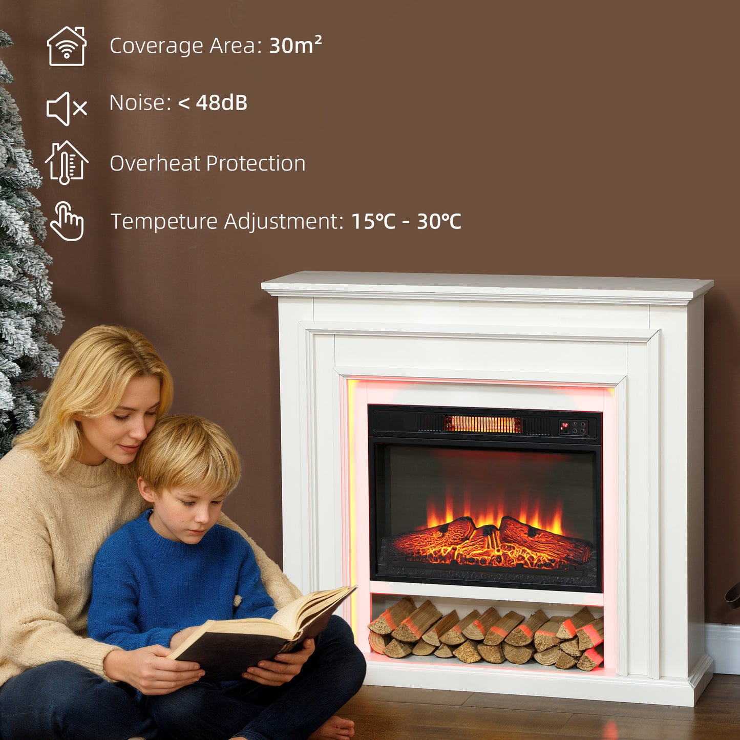 HOMCOM 4777 BTU Multicolour LED Electric Fireplace White Realistic Flame Effect Custom RGB Lighting Thermostat And Timer