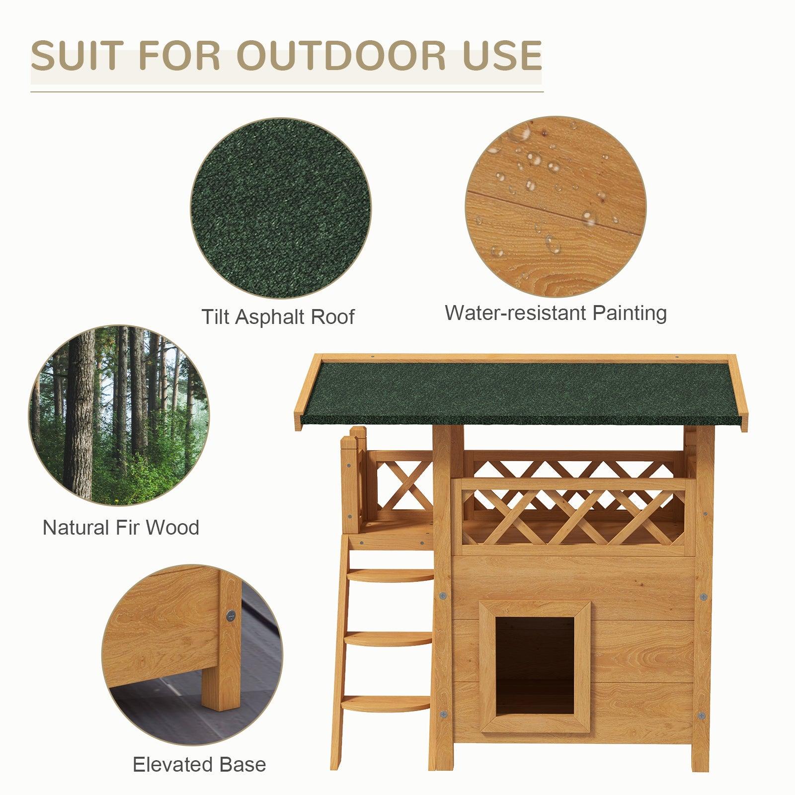 PawHut Outdoor Cat House w/ Balcony Stairs Roof, Natural Wood Finish - ALL4U RETAILER LTD