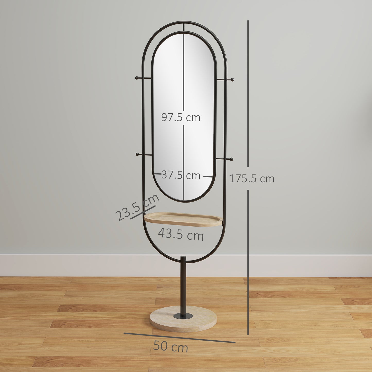 HOMCOM Dual Oval Full Length Mirror With Wooden Tray And Four Hooks Black Finish For Bedroom Or Hallway