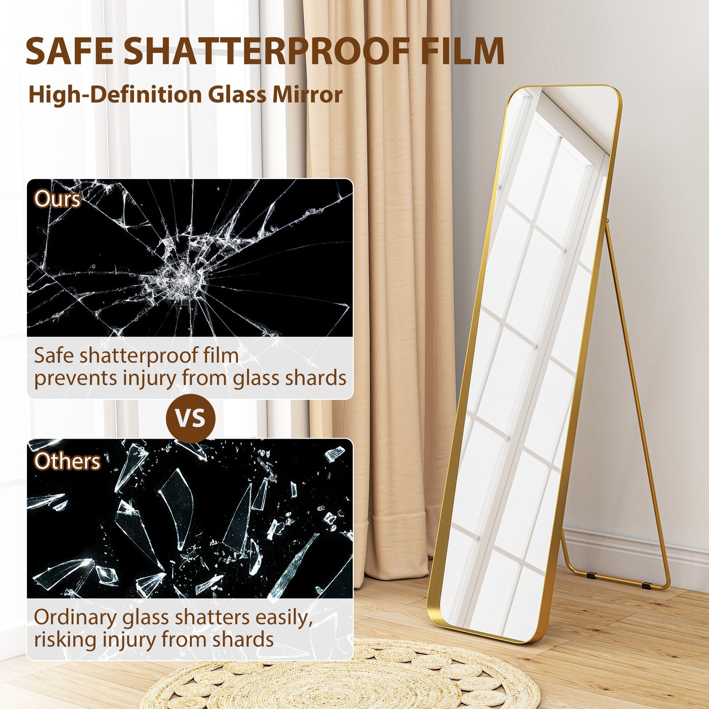 HOMCOM 40 x 160 Cm Rectangular Full Length Mirror Gold Tone With Tilt For Lean Against Wall Or Free Standing Bracket