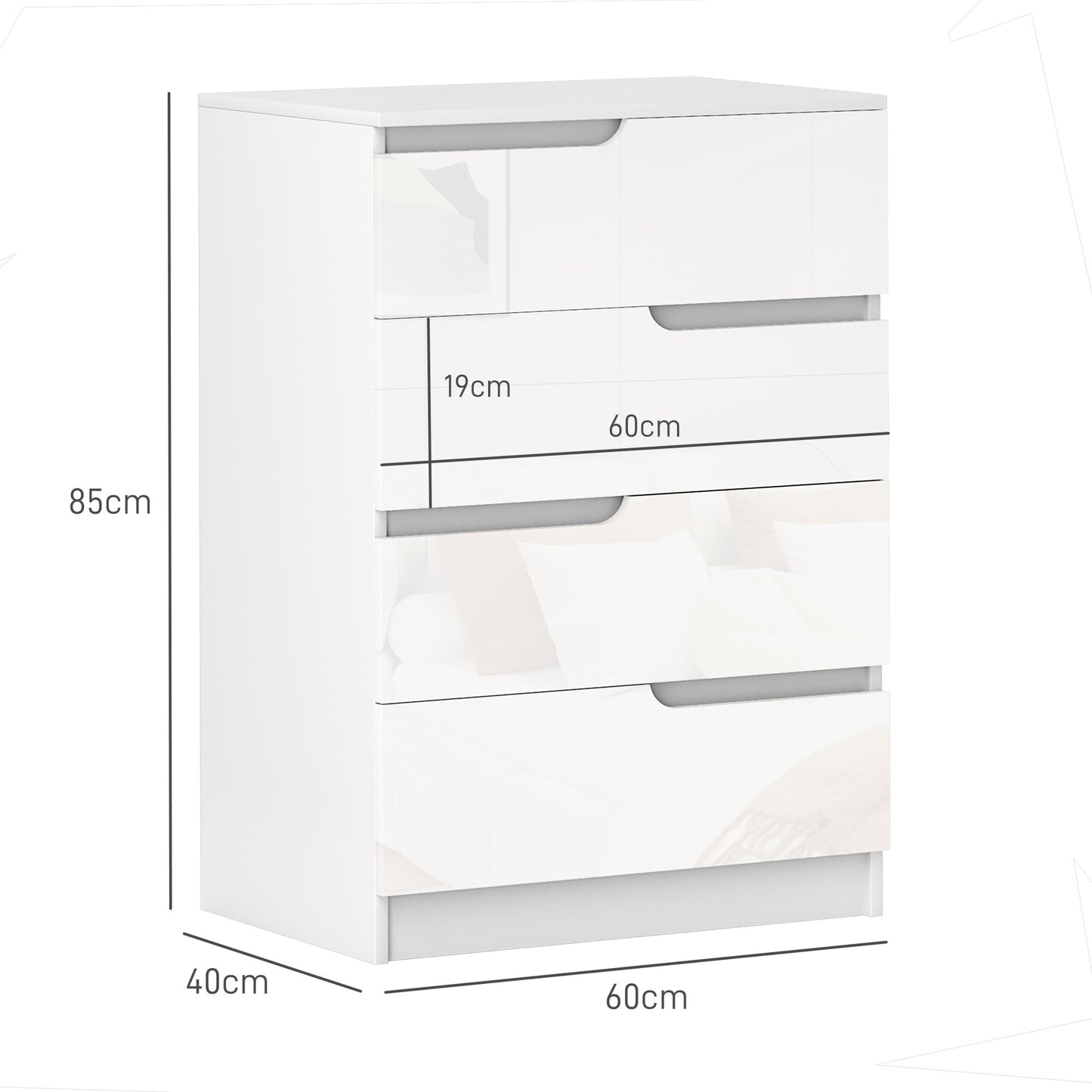 HOMCOM Four Drawer Chest With High Gloss Fronts White Modern Bedroom Storage Unit