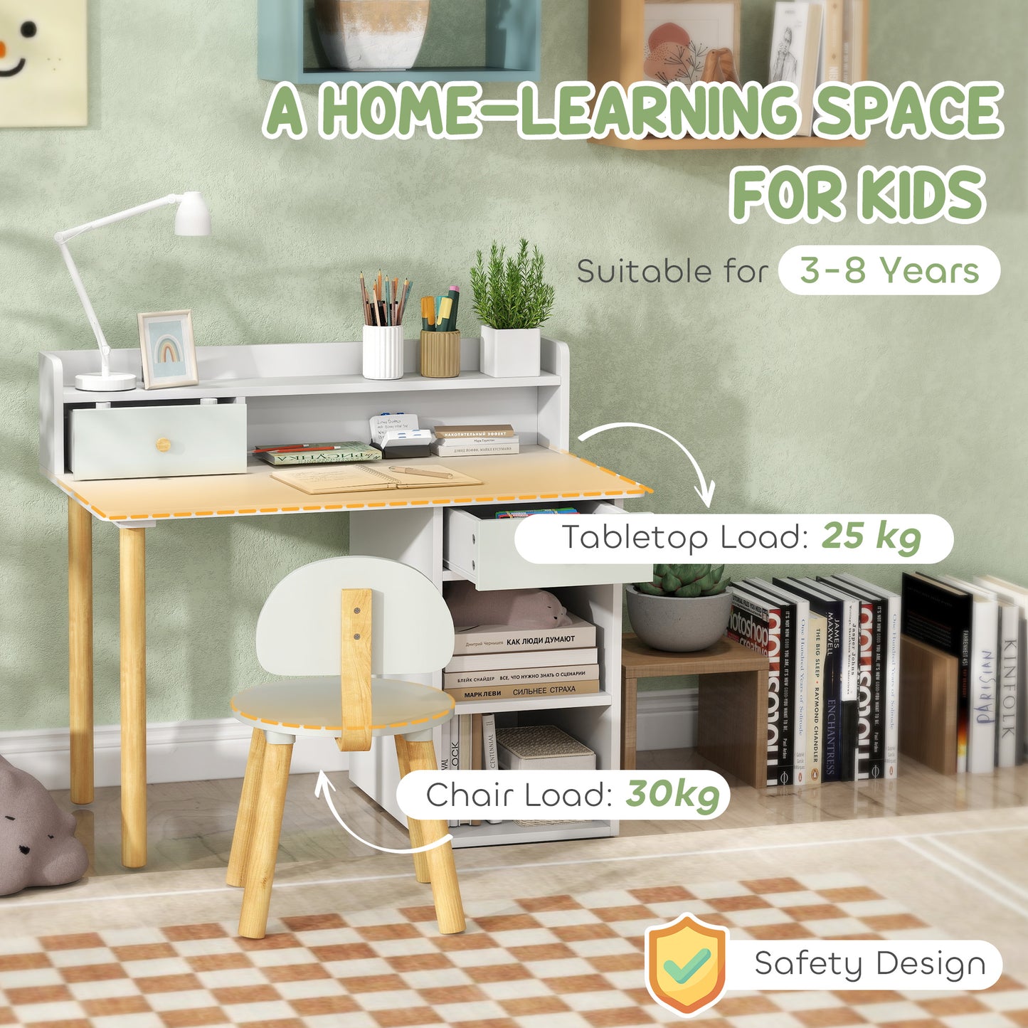 AIYAPLAY Two Piece Children Study Table With Hutch And Kids Desk And Chair Set With Storage Drawers Shelves Green