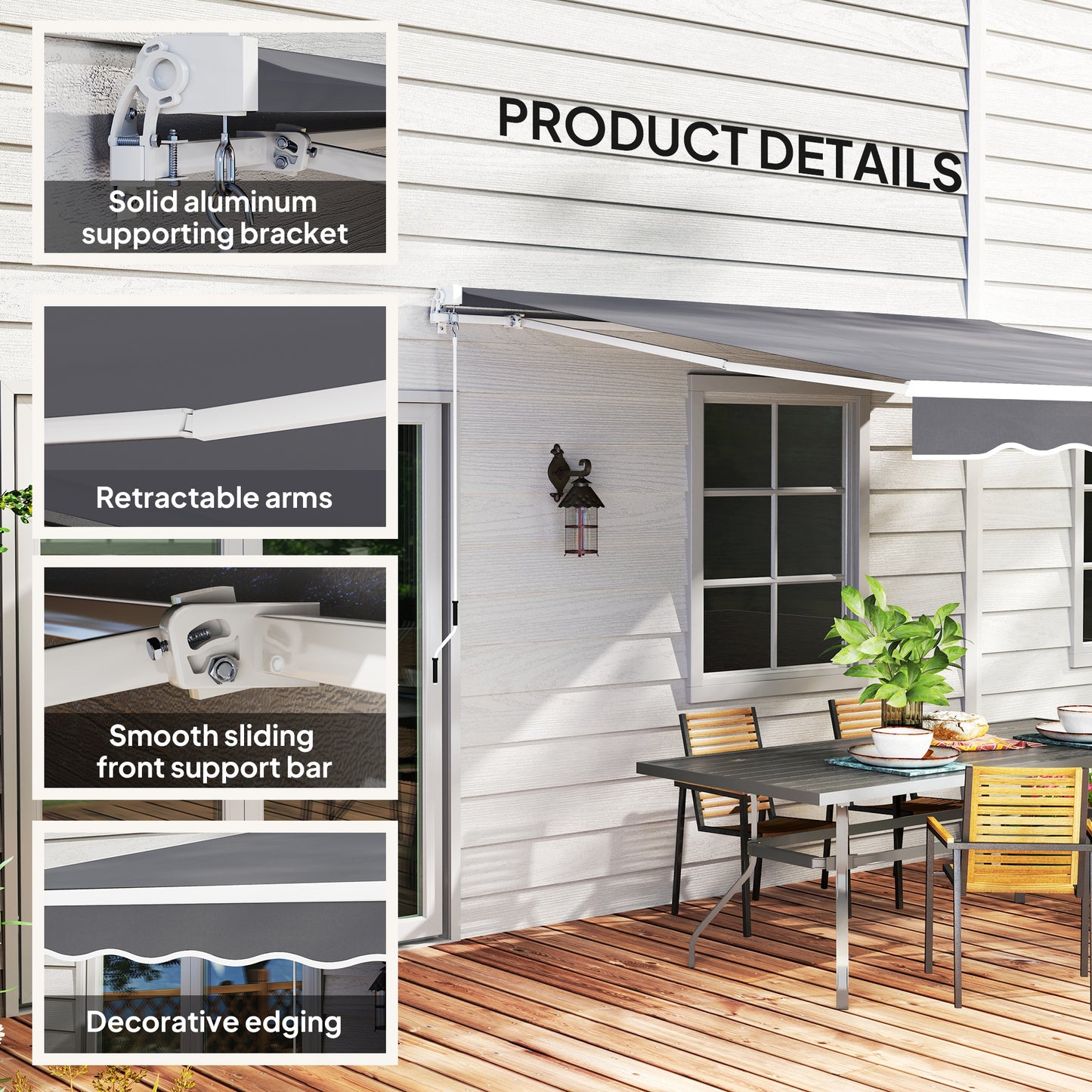 Outsunny 2 x 2.5m Manual Retractable Awning Dark Grey With 280gsm Polyester Canopy