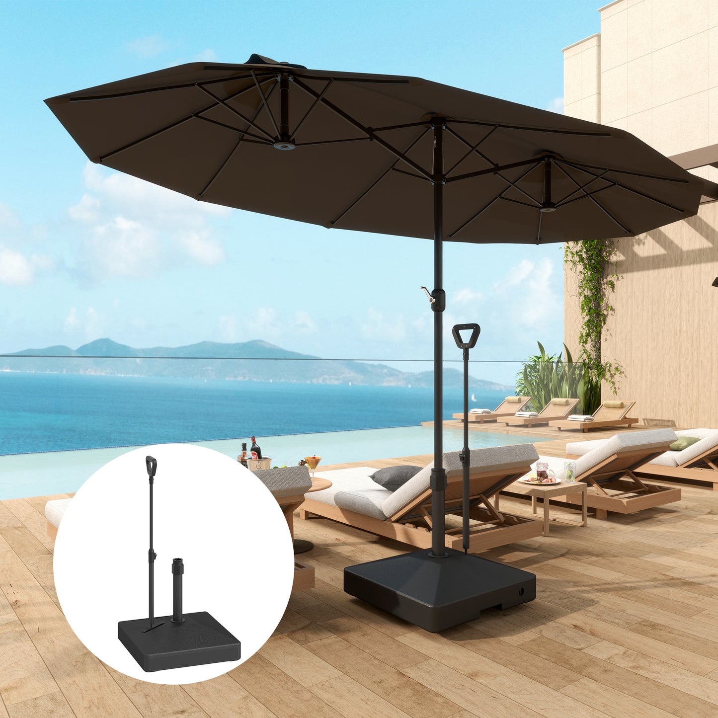 Outsunny Parasol Base With Wheels And Handle, 55kg With Stand Or 45kg With Water, Fits 35 38 48mm Poles, Black