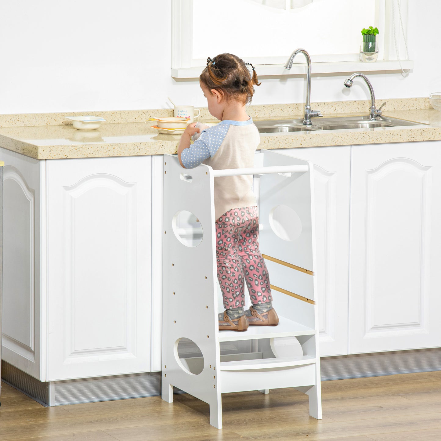 HOMCOM Toddler Step Stool Adjustable Standing Tower With Safety Rail For Kitchen Counter White