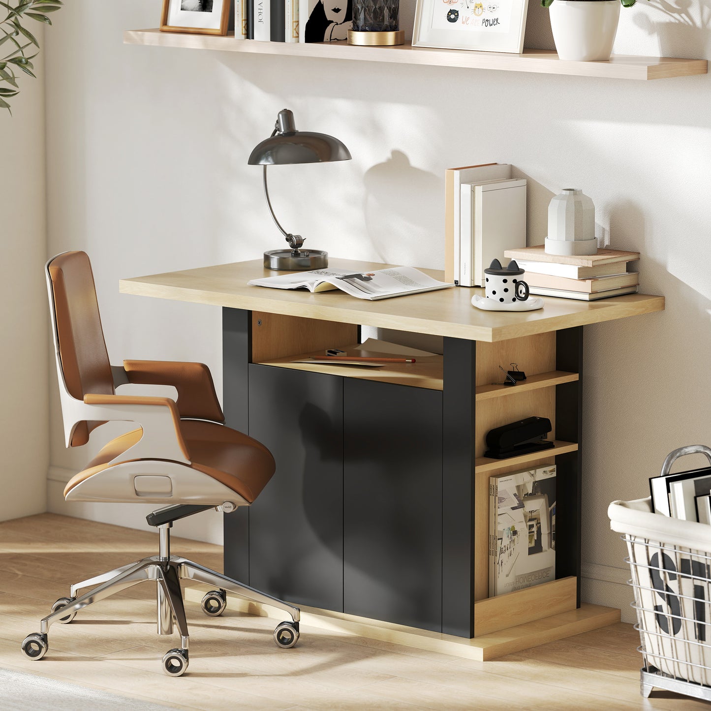 HOMCOM Kitchen Island With Spice Rack And Storage, Large Tabletop For 4 People, Adjustable Shelves, Black And Natural