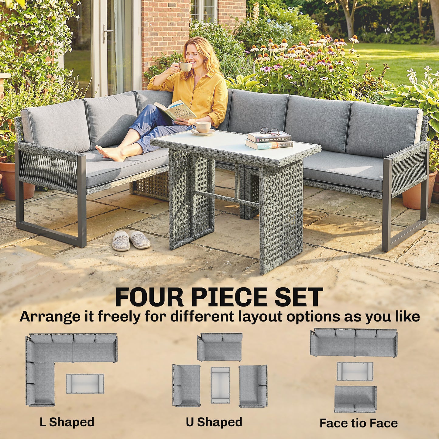 Outsunny 6 Seater Rattan Garden Furniture Corner Set With 3 Loveseats And Table Patio Grey