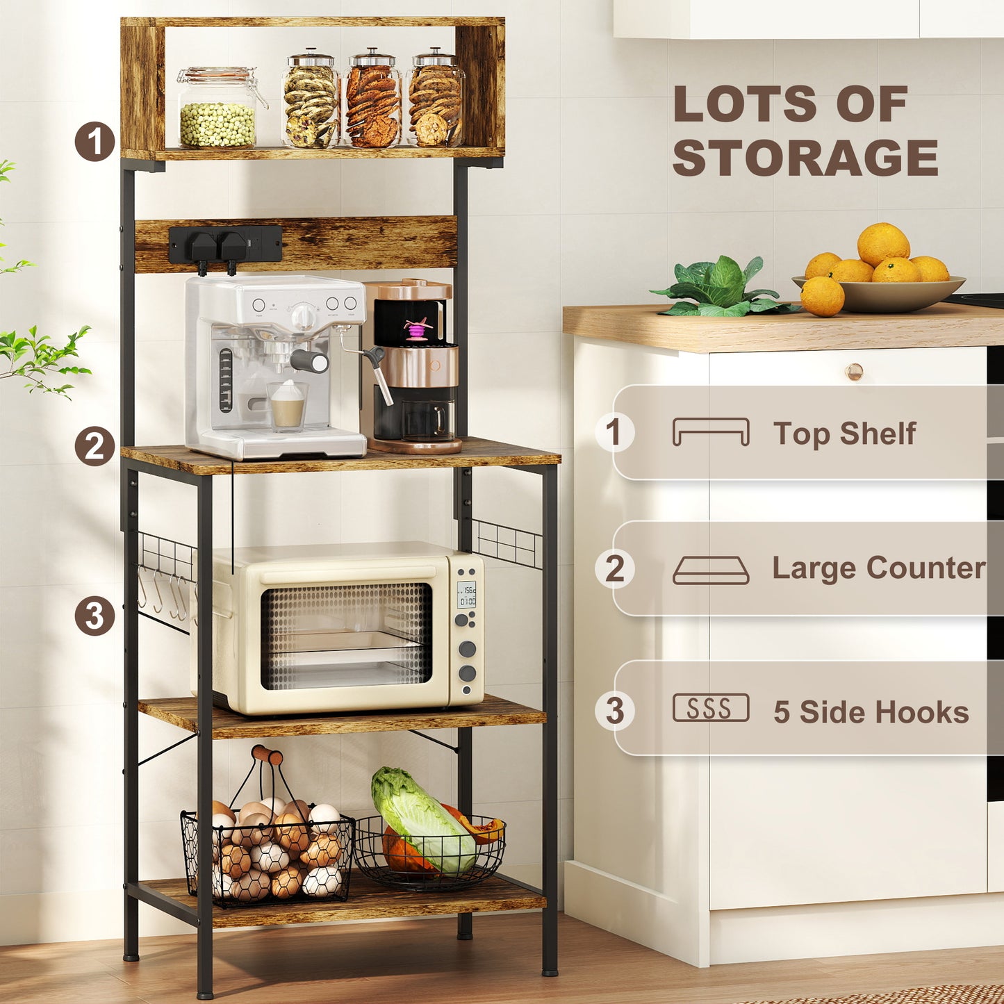 HOMCOM Kitchen Storage Rack With Power Outlet And USB Charger Rustic Brown Bakers Rack For Kitchen Organization