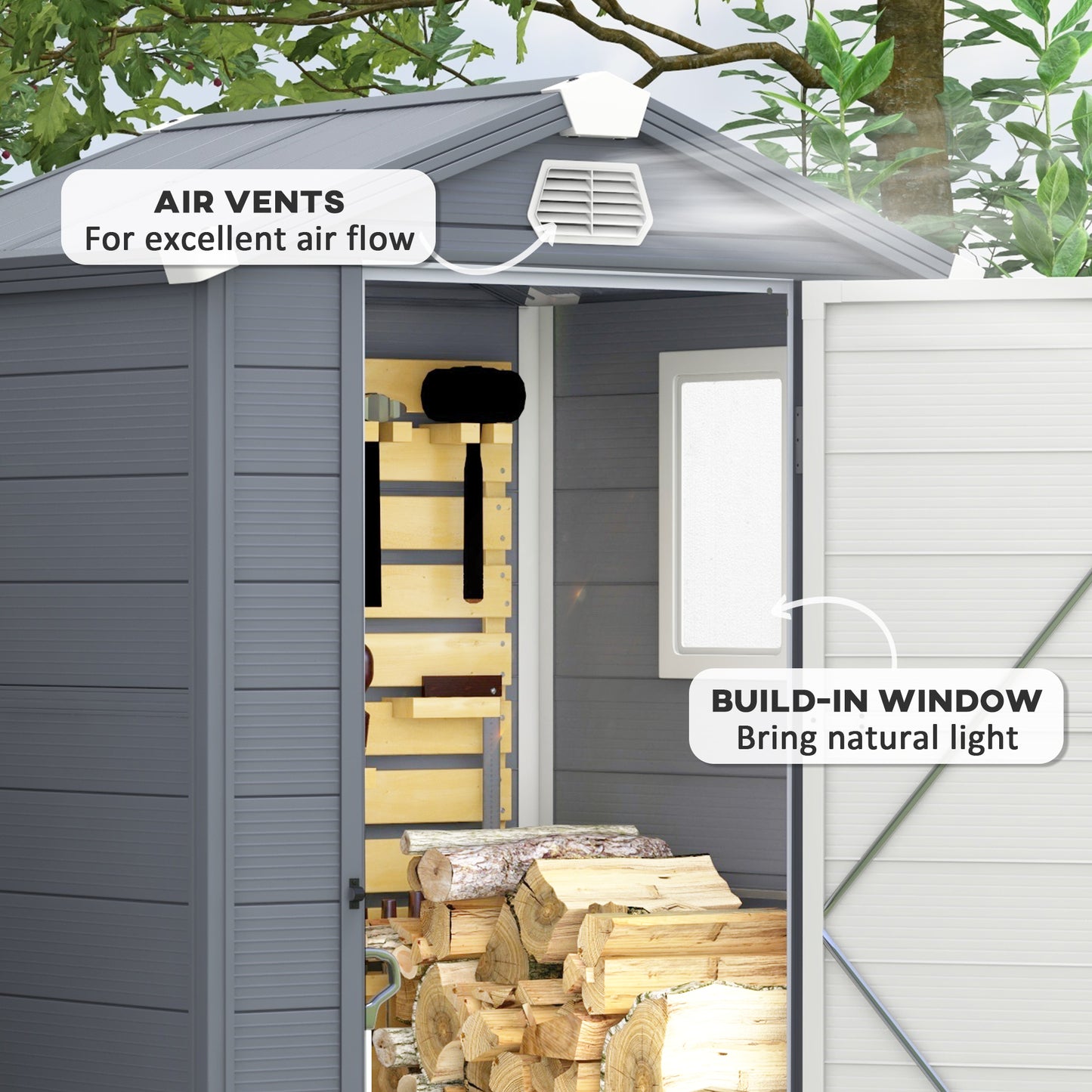 Outsunny 4x3ft Outdoor Garden Storage Shed with Lockable Door, Ventilation and Galvanised Foundation Kit - Grey - ALL4U RETAILER LTD