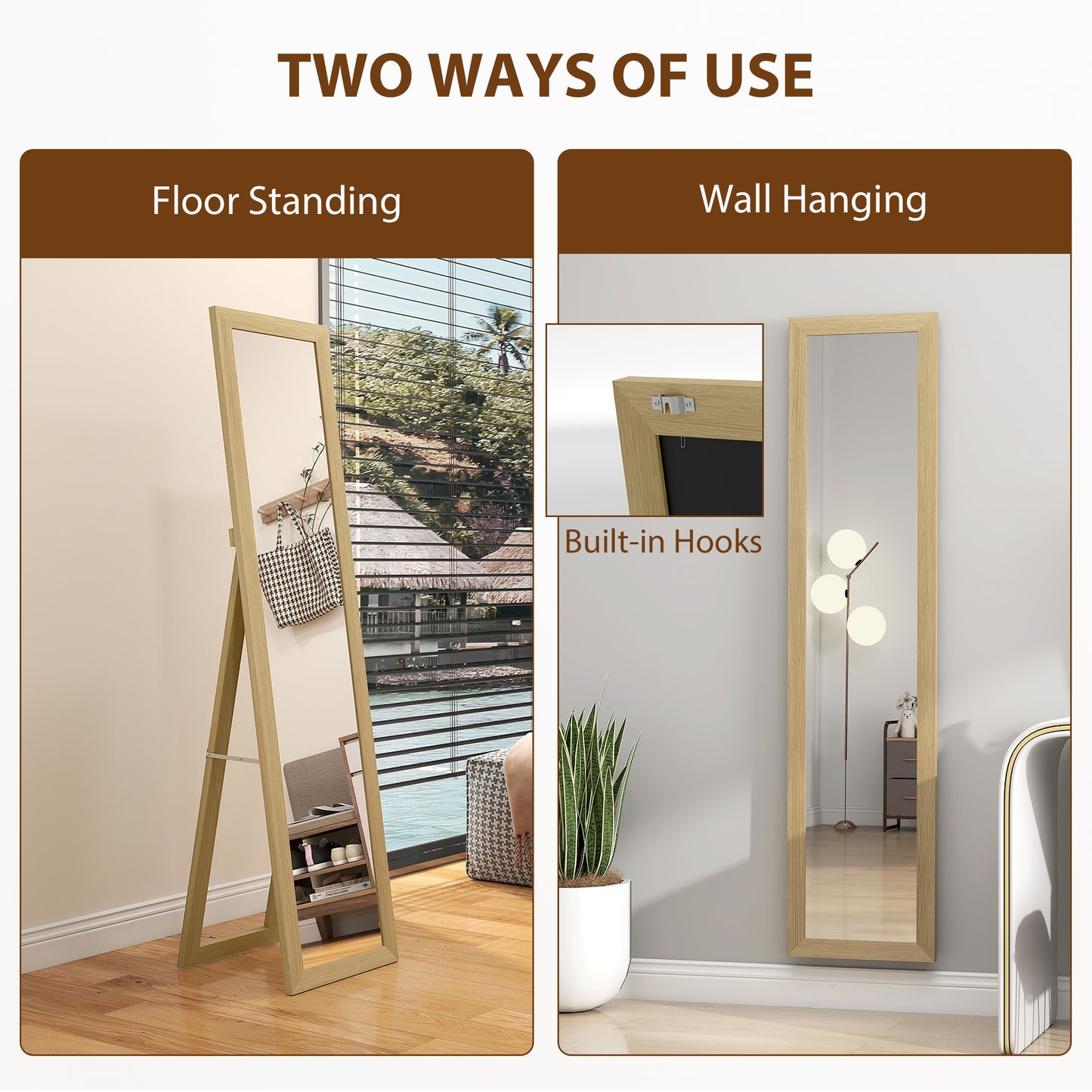 HOMCOM Full Length Mirror 37 x 157 cm Natural Wood Effect Standing Mirror for Bedroom