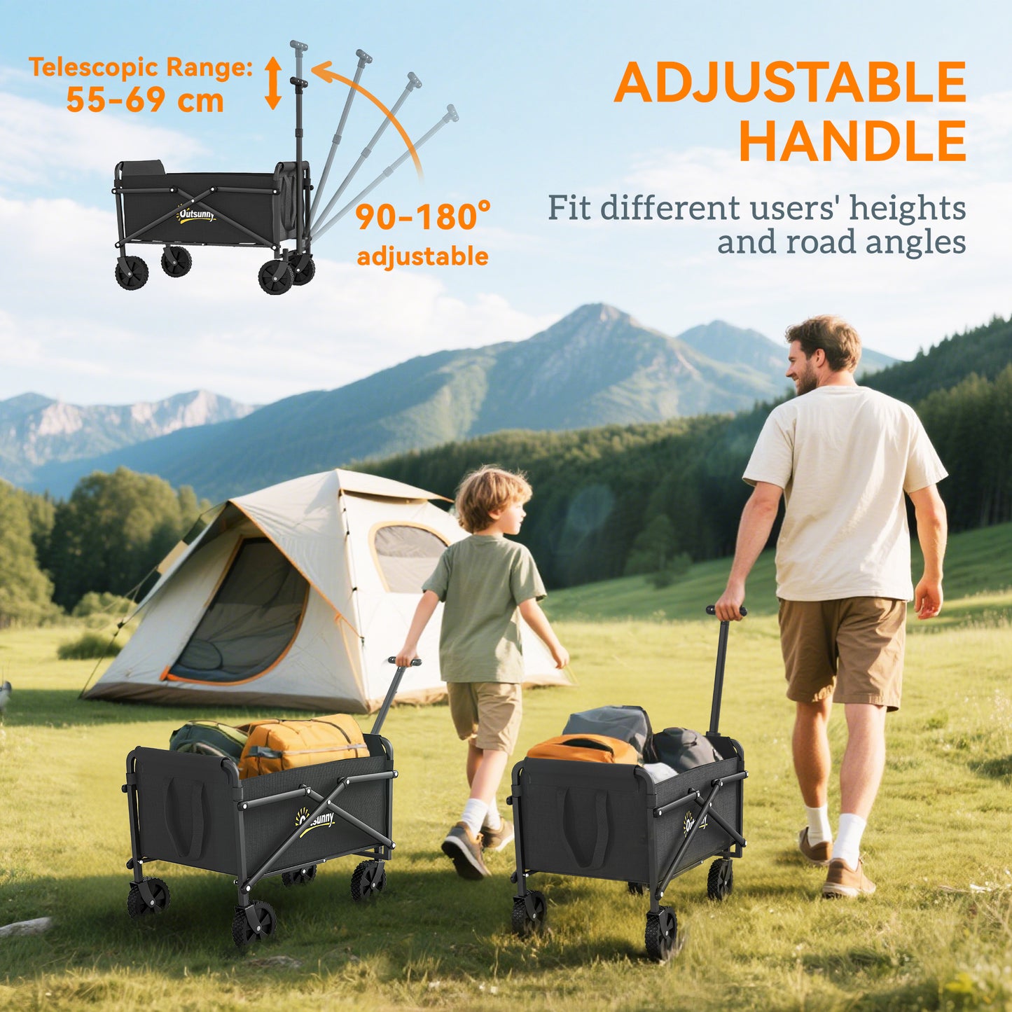 Outsunny 41L Trolley On Wheels Folding Wagon With 60kg Capacity Adjustable Handle Carrying Bag Beach Camping Black