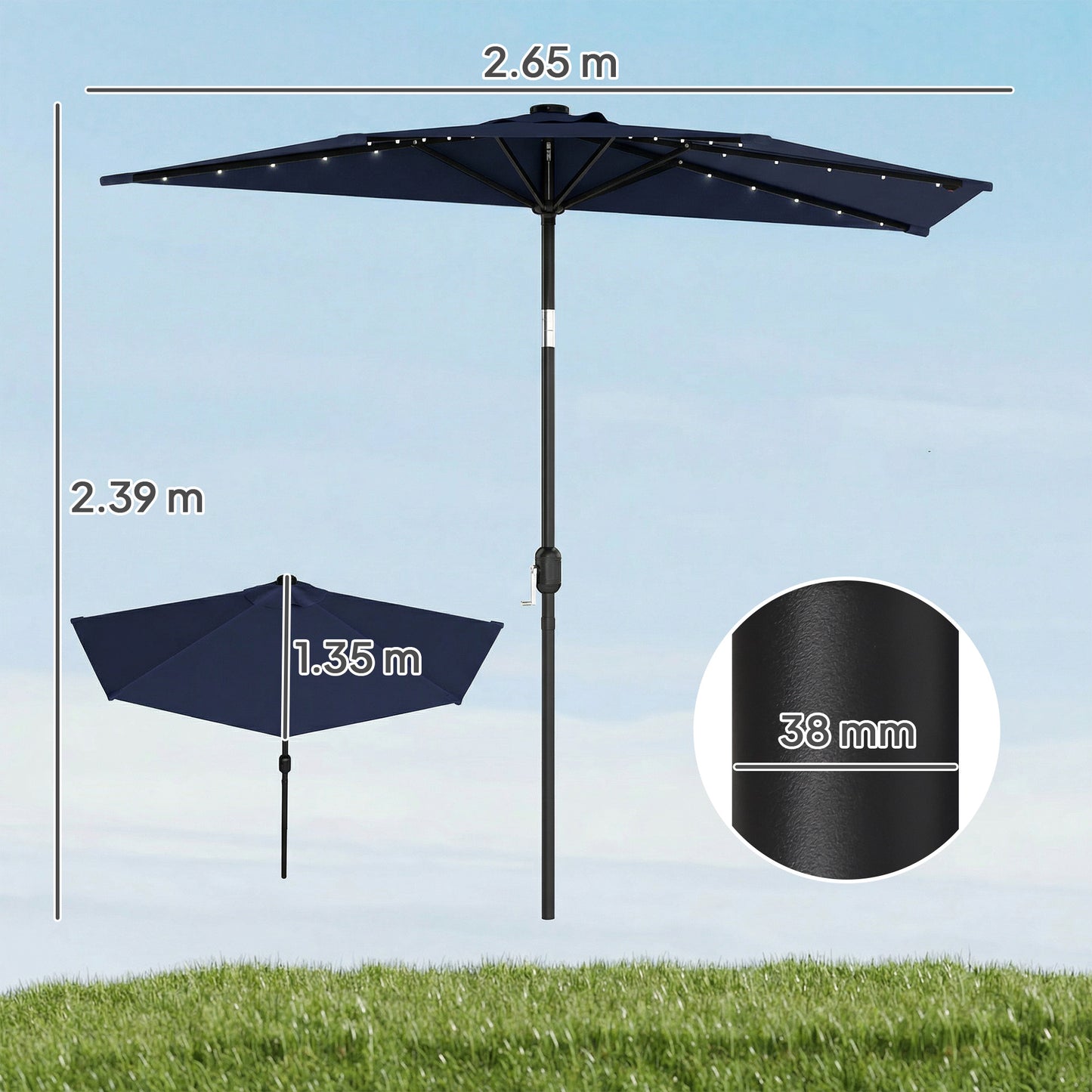 Outsunny 2.6m Half Garden Parasol With Solar LED Lights UPF50 Umbrella Semi Round Tilt 30 Degree Crank Handle Dark Blue