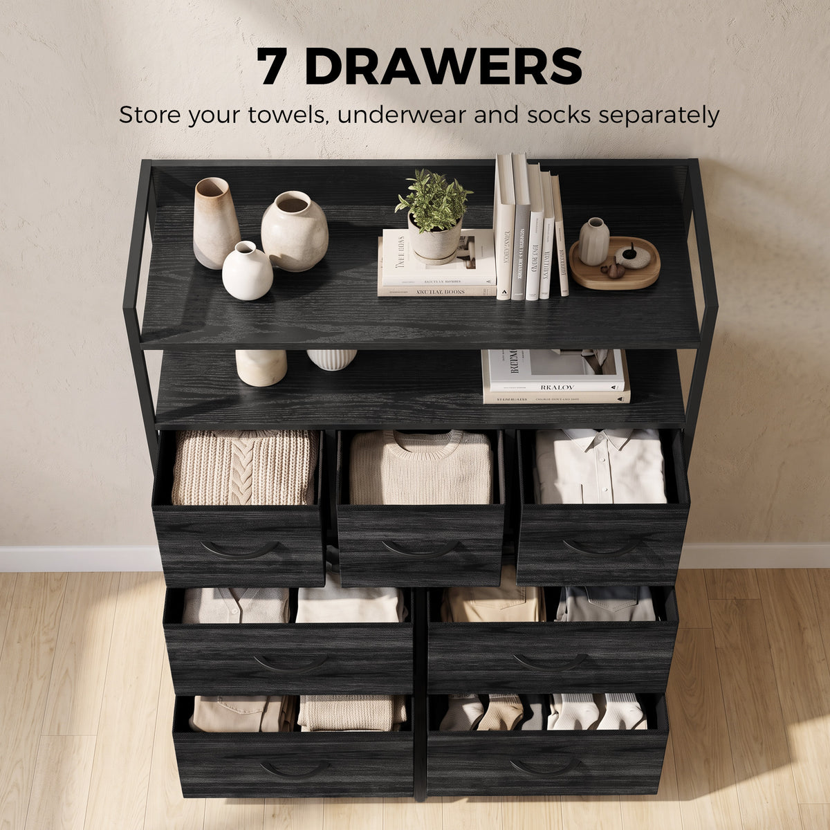 Fabric dresser with open shelves and seven fabric drawers, black wood-effect finish