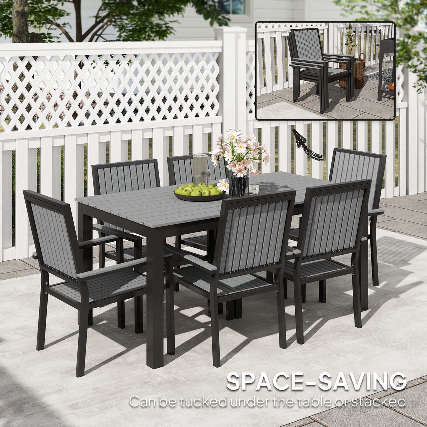 Outsunny 6 Seater Garden Dining Set With Stackable Chairs Aluminium Frame Rectangular Plastic Top Outdoor Patio Grey