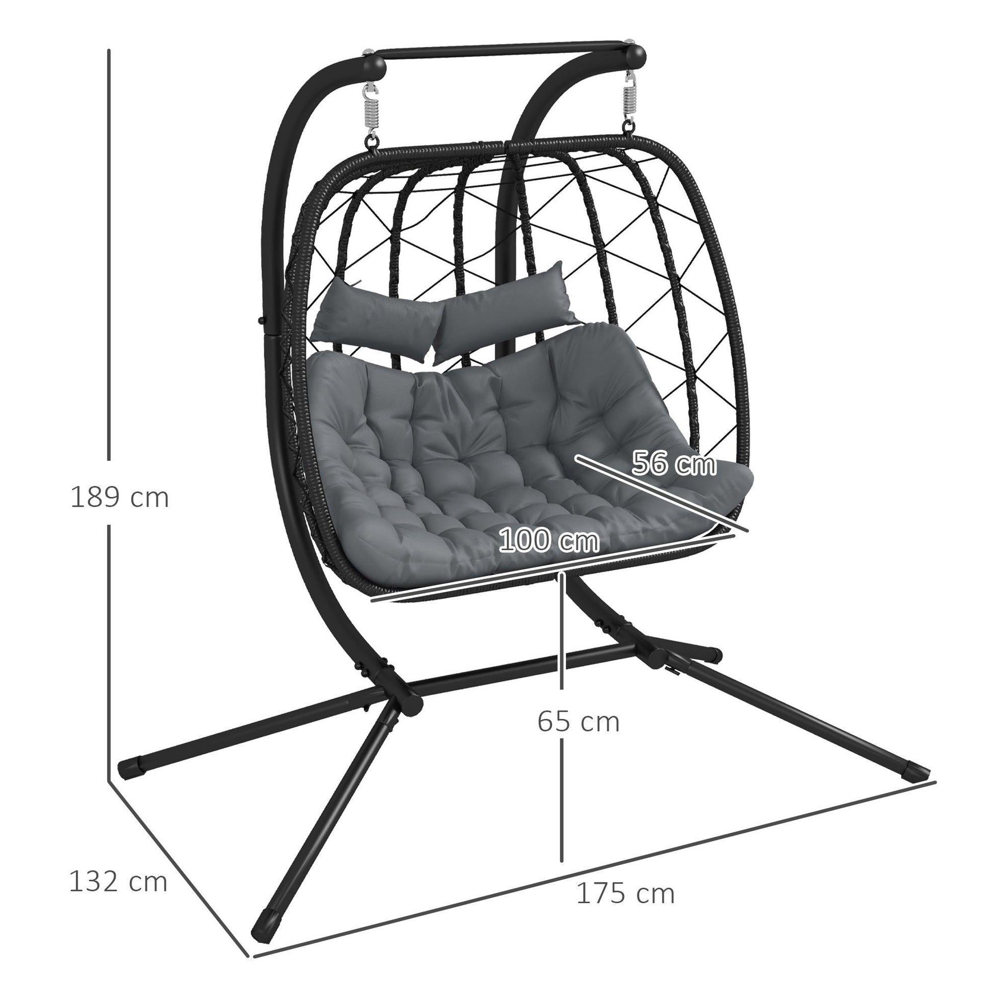 Outsunny Outdoor PE Rattan Double-seater Swing Chair w/ Thick Padded Cushion, Patio Hanging Chair for 2 w/ Metal Stand, Headrest, Black - ALL4U RETAILER LTD