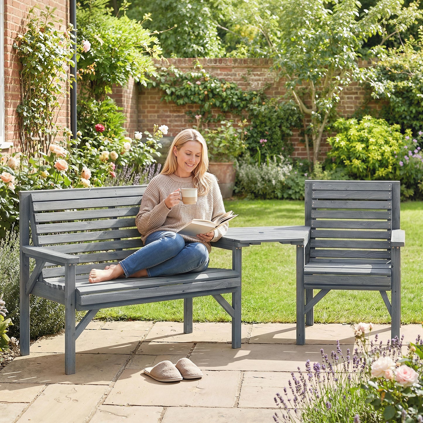 Outsunny Wooden Garden Furniture Set With Parasol Hole 1 Chair 1 Bench Detachable Table Grey Embossed Finish