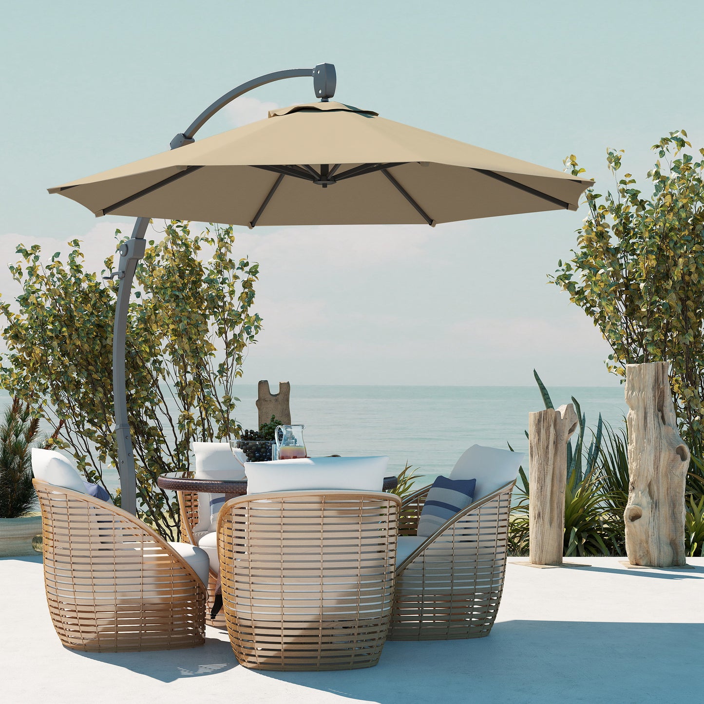 Outsunny 3M Garden Cantilever Parasol With Crank Round Umbrella Aluminium Frame Cross Base 360 Rotation Khaki