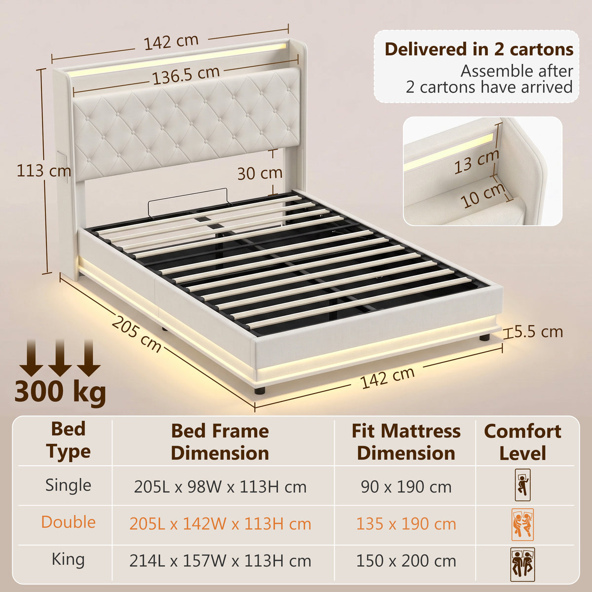 Homcom 4ft6 Double Bed Frame With Hydraulic Storage Led Lights Charging Cream