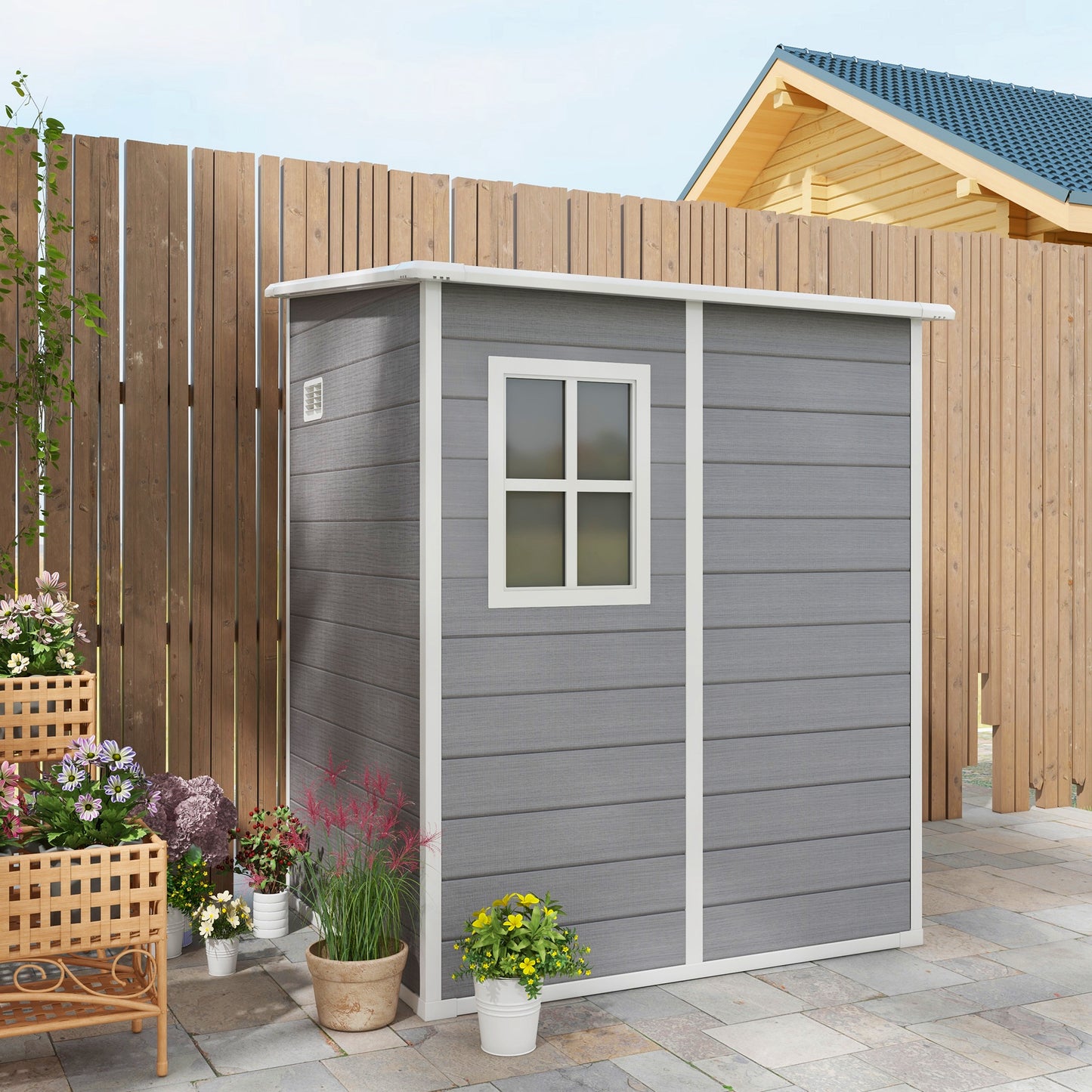 Outsunny Aluminium Lean-to Garden Storage Shed with Lockable Door, Window & Vent, 4'x5', Grey - ALL4U RETAILER LTD