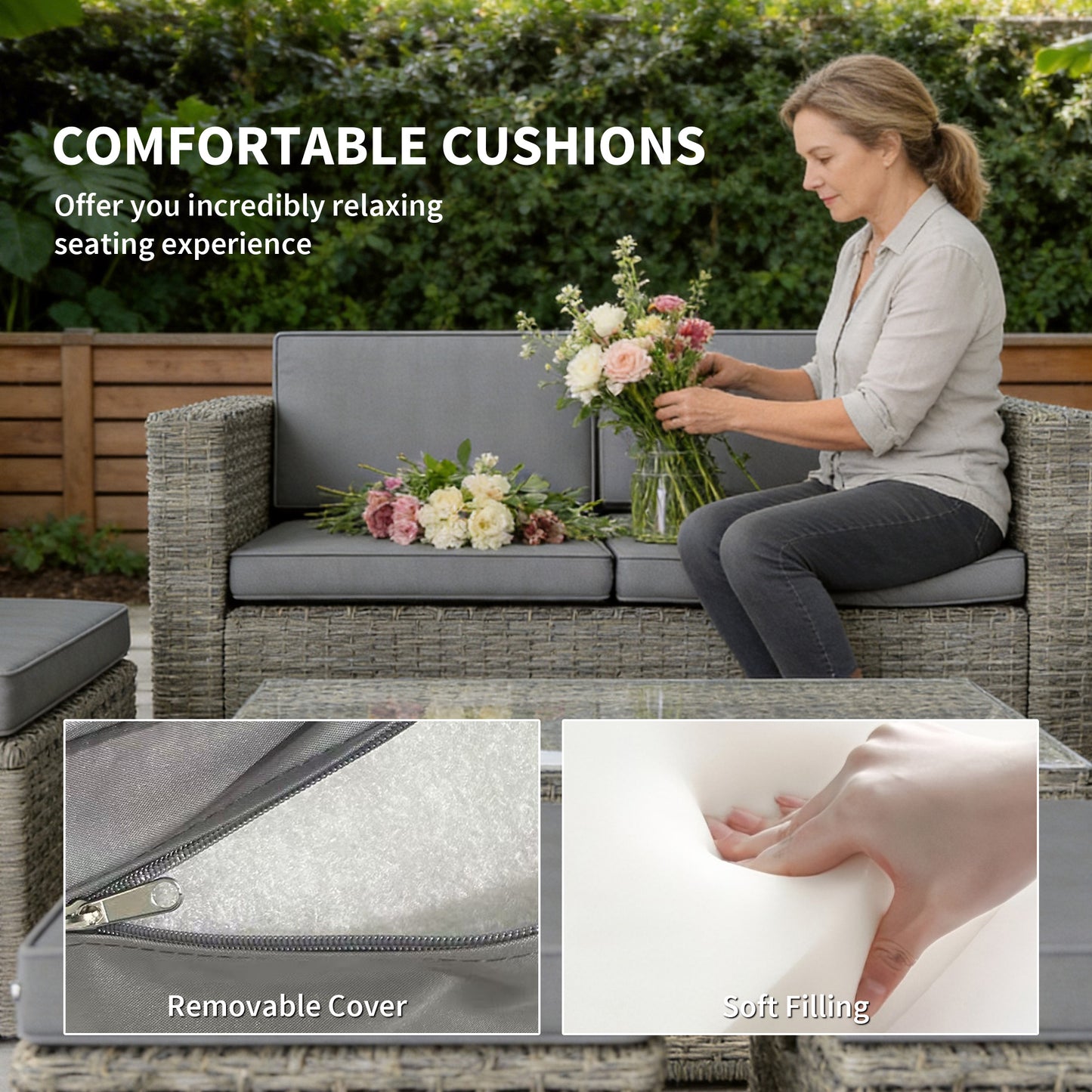 Outsunny Rattan Garden Furniture Set Nesting Patio Conversation Set With Loveseat Chairs Table Footstools Dark Grey
