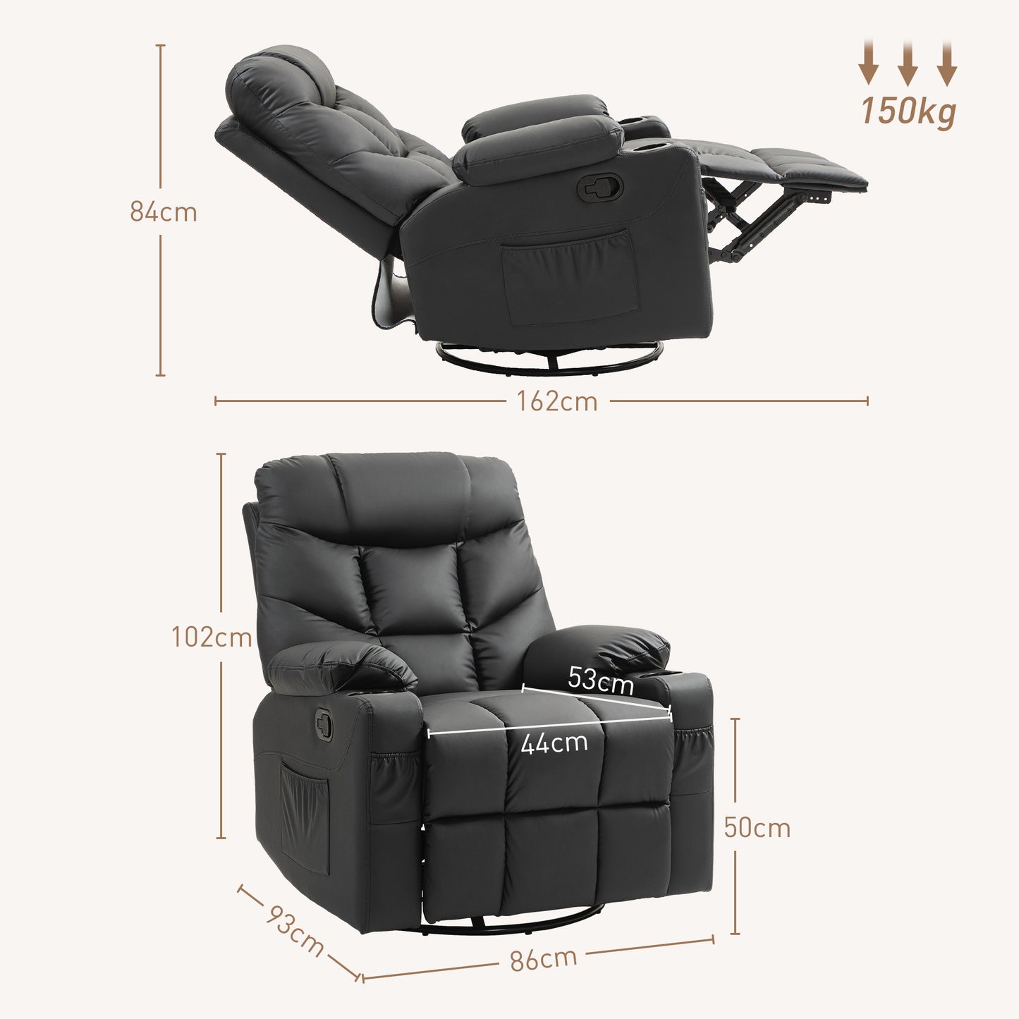 HOMCOM 360° Swivel Recliner Chair with Footrest and Cup Holders, Faux Leather Armchair in Black, Manual Recline, Compact Design - ALL4U RETAILER LTD