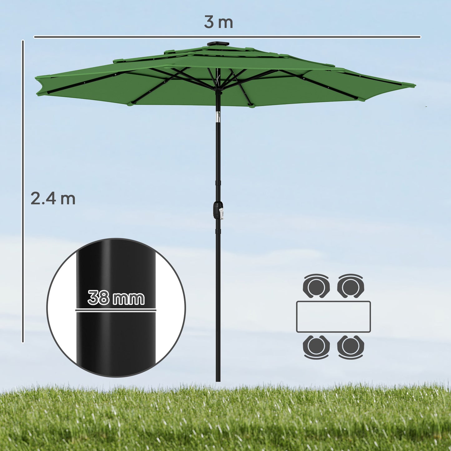Outsunny Garden Parasol With 3 Tier Roof And Crank Handle Tilt Function Polyester Canopy In Green