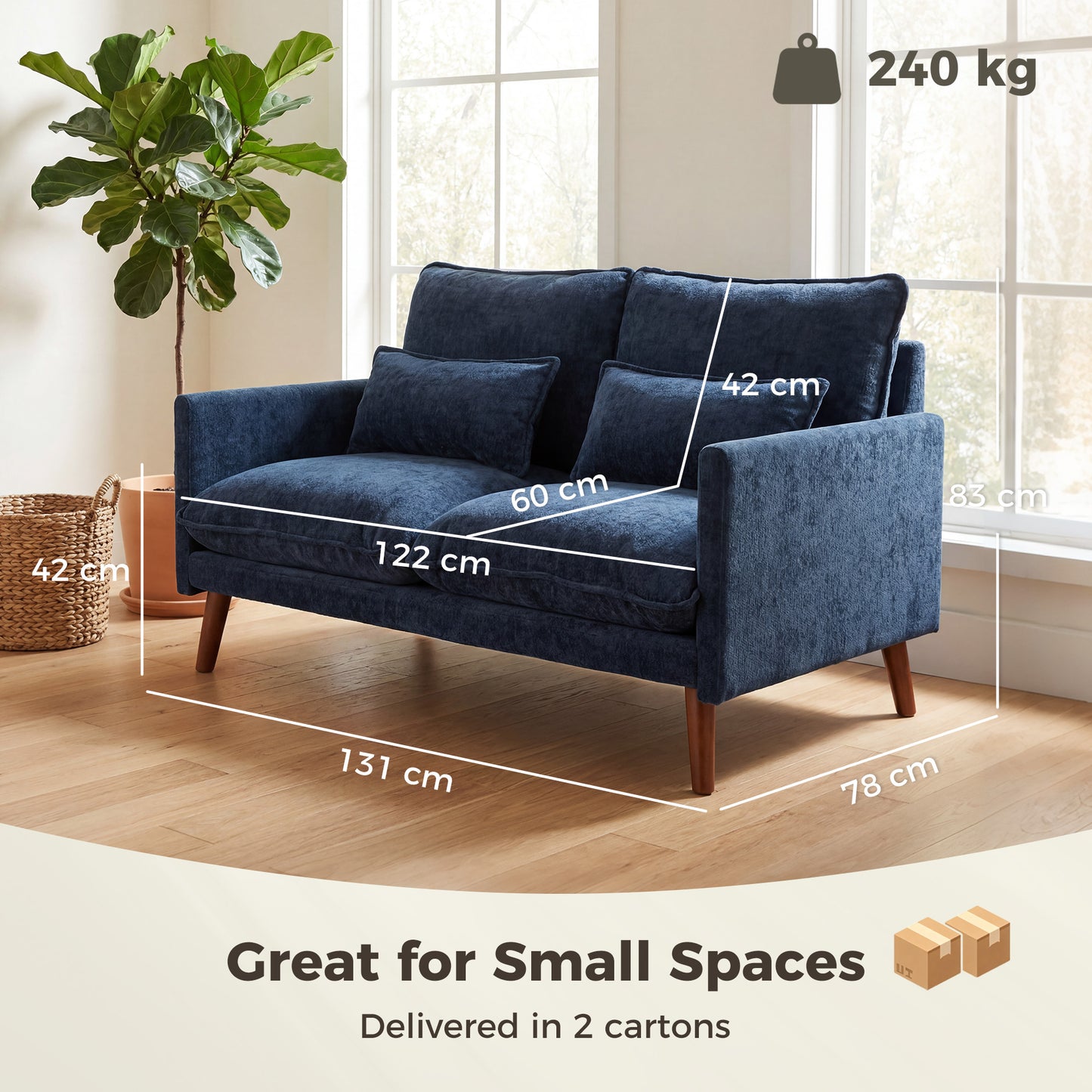 HOMCOM 2 Seater Sofa With Spring Cushions Wide And Deep Seat Wood Legs Blue Compact 131 Cm Footprint For Small Flats