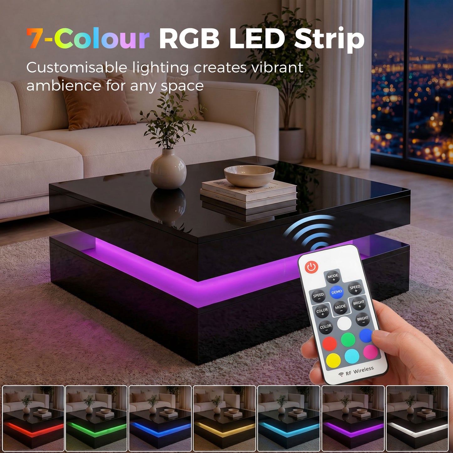 HOMCOM LED Coffee Table with Storage 2 Tier Modern Centre Table Open Shelf RGB LED Remote Lighting High Gloss Black