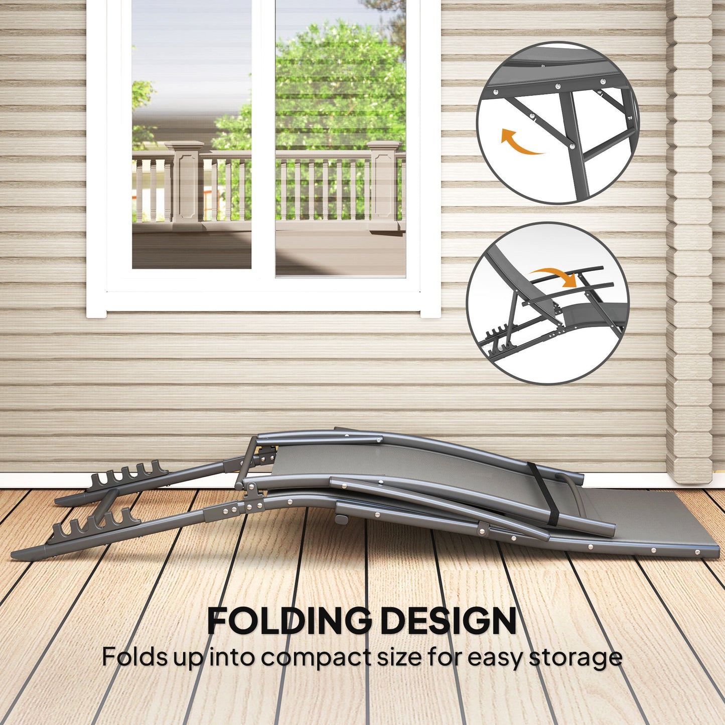 Outsunny Set of Two Adjustable Back Sun Loungers in Grey with Quick Dry Mesh and Head Pillows